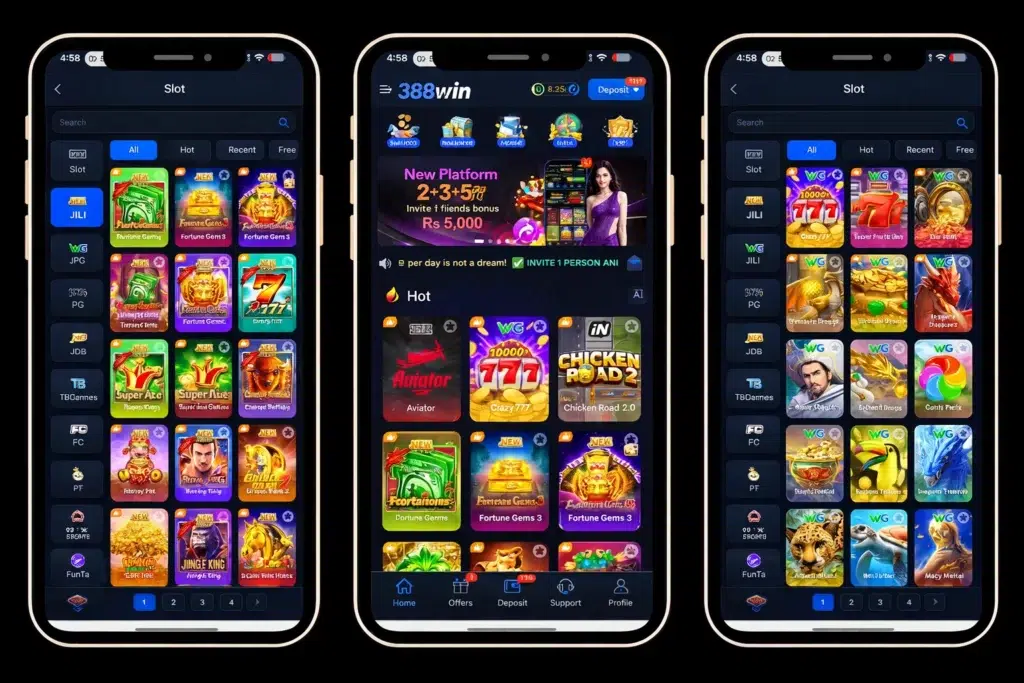 388 Win Game mobile app interface displaying slot games including Aviator and Crazy 777