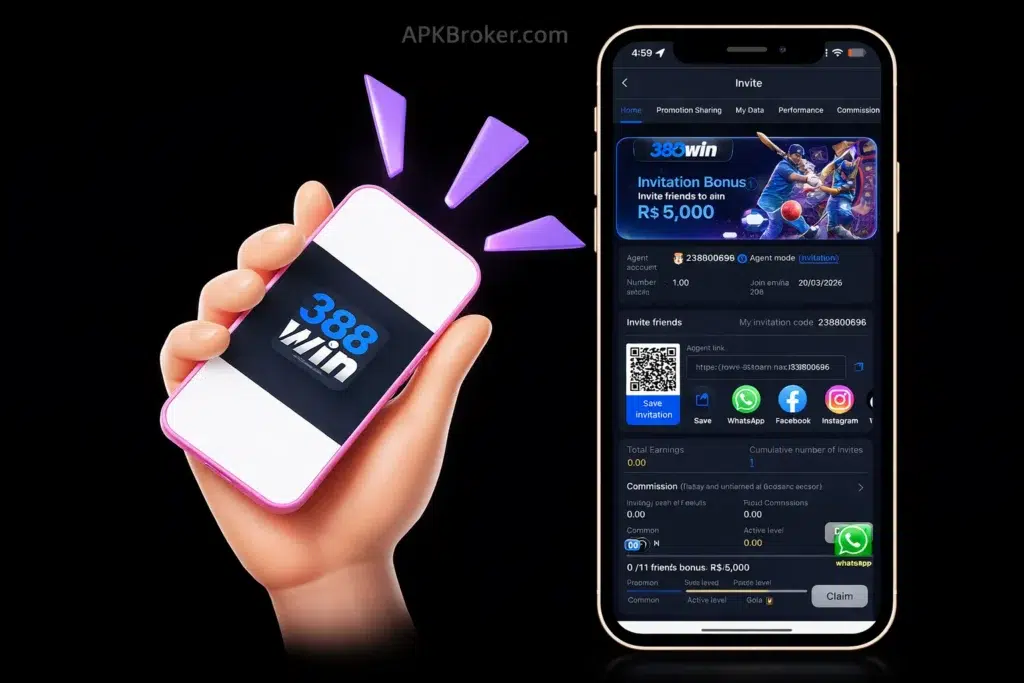 388win invite screen showing referral link, QR code, and Rs 5000 invitation bonus