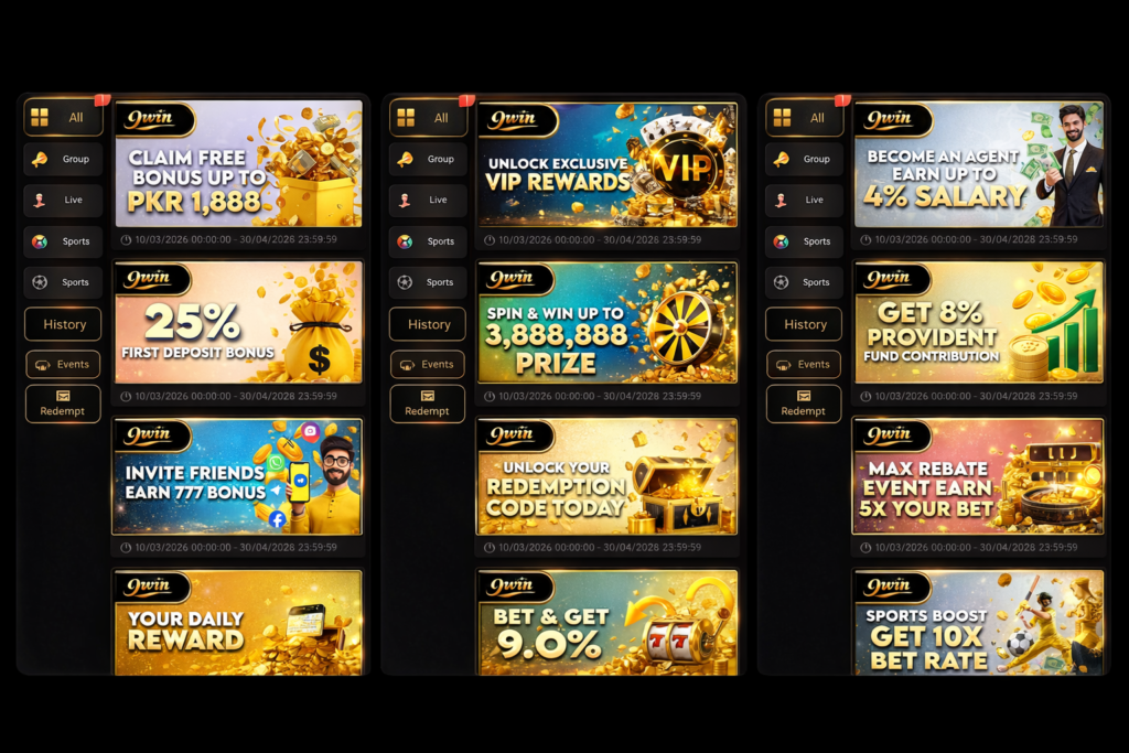 9win promotions showing VIP rewards, deposit bonus, spin prize, and agent salary offers