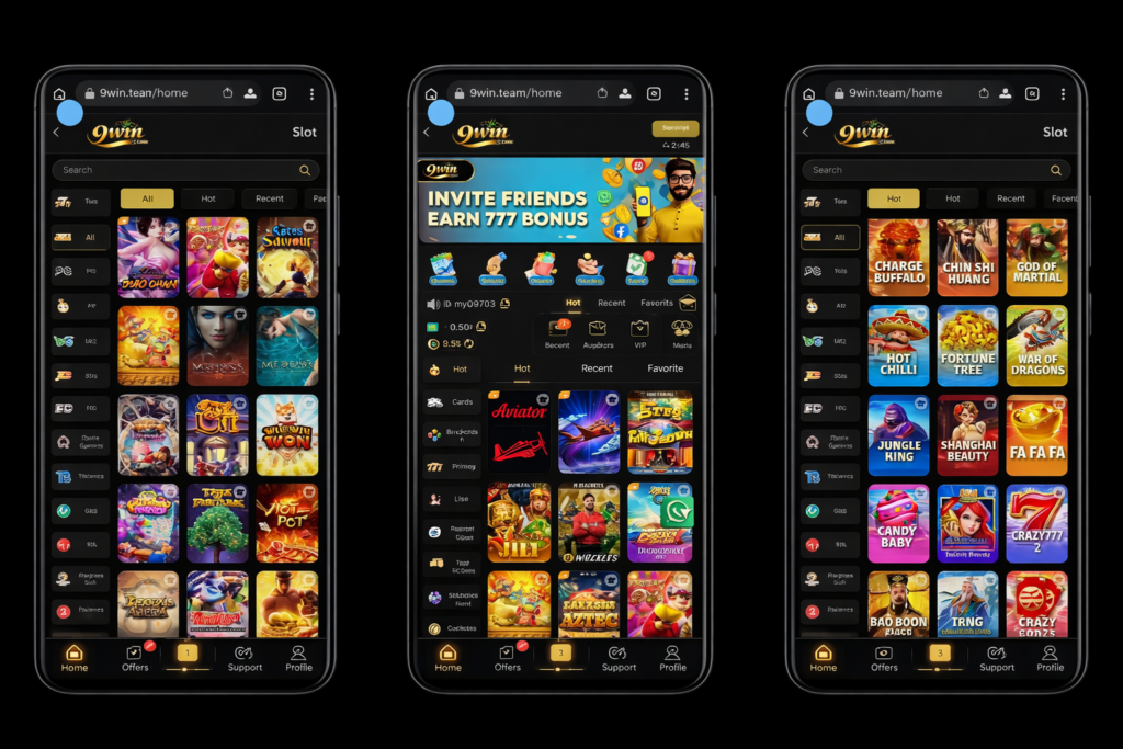 9win Game casino slot lobby with Aviator, Charge Buffalo, Fortune Tree, and hot games grid