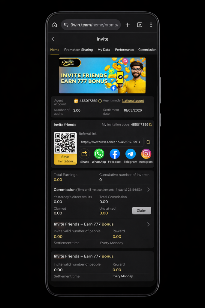 9win invite friends screen with QR code, referral link, and earn 777 bonus program