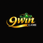 9win Game Logo casino with gold script text and green poker chips on black background