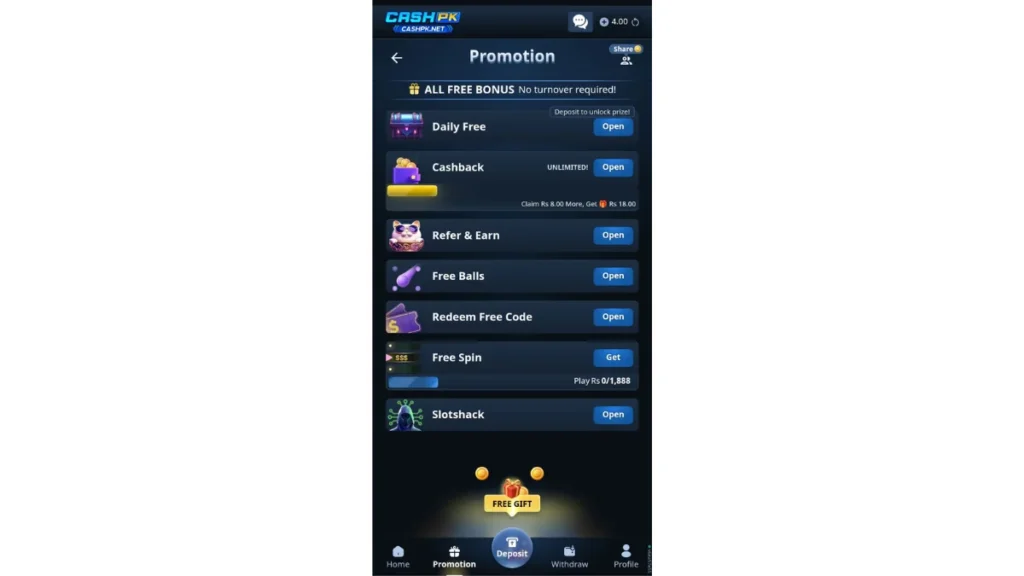 CASHPK Game of Promotion and Reward Section