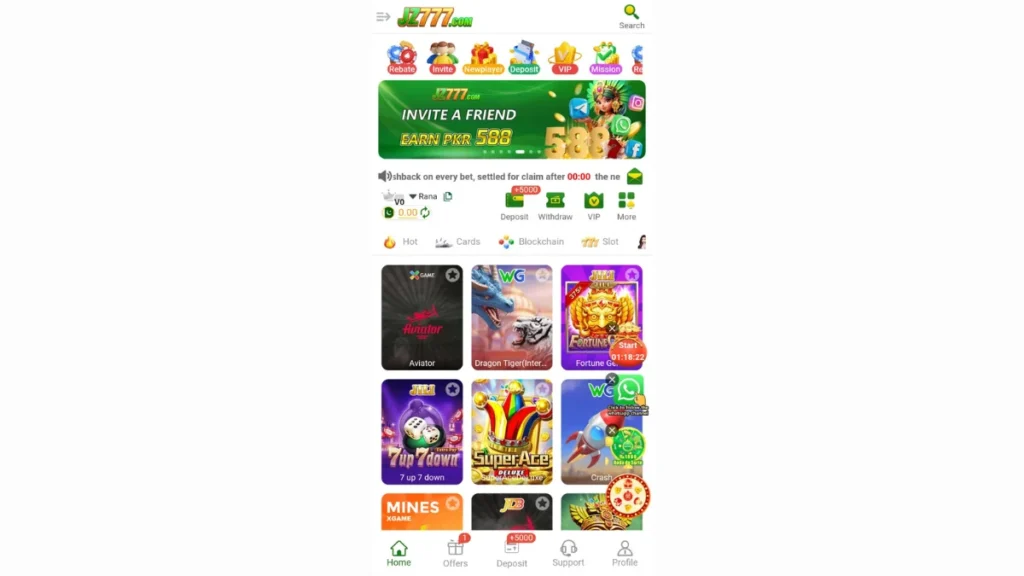 JZ777 casino app homepage showing game categories, slots, and an invite-a-friend banner.